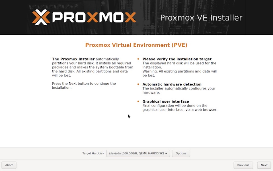 Proxmox target HD selection